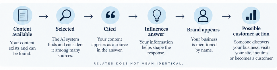 Six connected stages of the AI visibility journey: content available, selected, cited, influences answer, brand appears, and possible customer action.