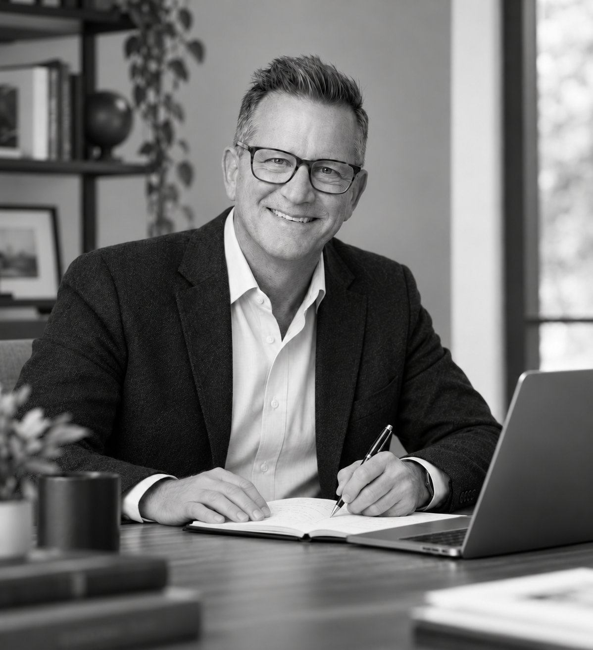 Paul Bruemmer seated at his desk in a black-and-white portrait, writing left-handed in an open notebook beside his laptop.