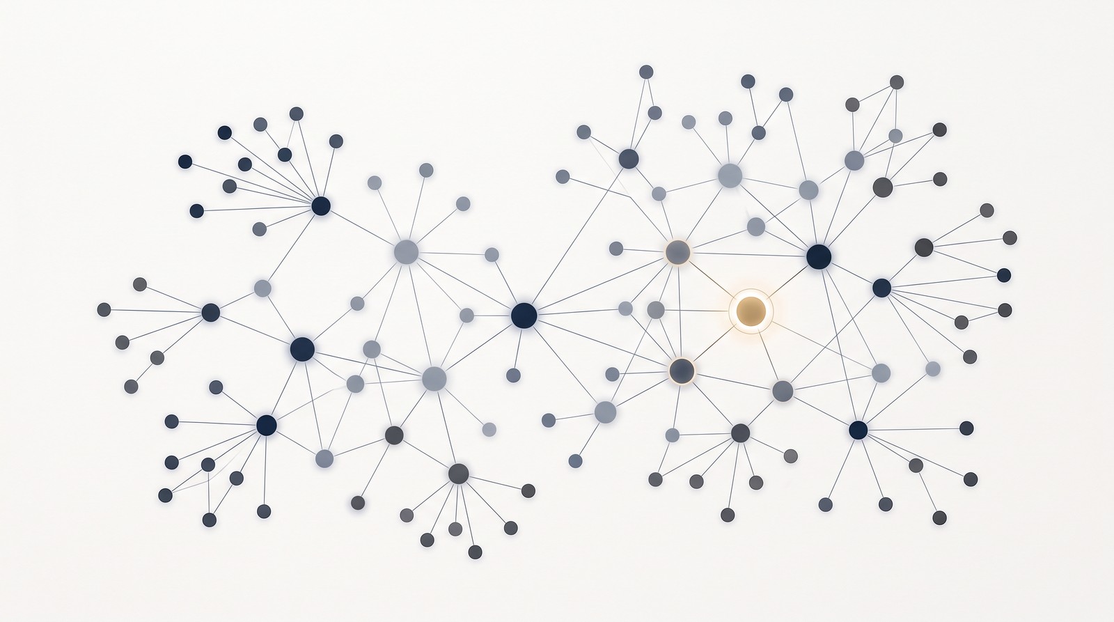 An abstract knowledge graph of many connected nodes, with a single node glowing to mark it as verified and authorized while the rest remain provisional.